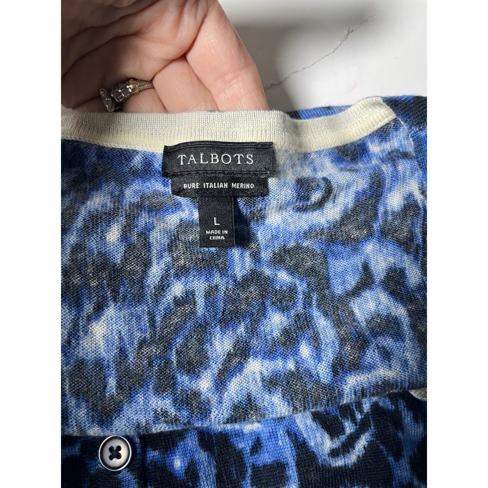 Merino Wool Leopard Cardigan Talbots Blue Black Animal‎ Print Classic Women L - Picture 7 of 13